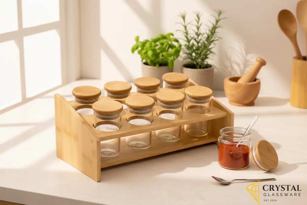 Spice rack set 8 glass jars with matching airtight bamboo lids